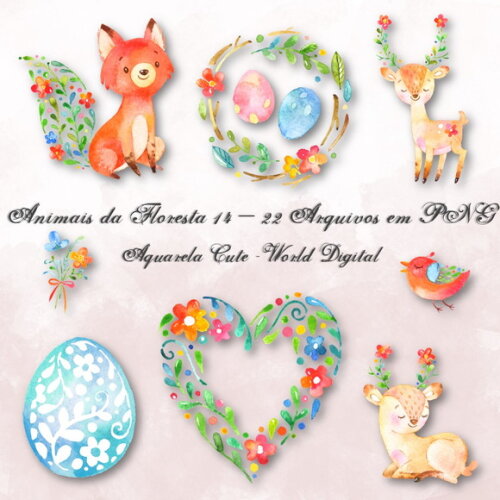 Kit Arquivo Digital em PNG Aquarela Cute Animais Floresta 14