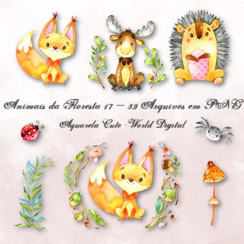 Kit Arquivo Digital em PNG Aquarela Cute Animais Floresta 17