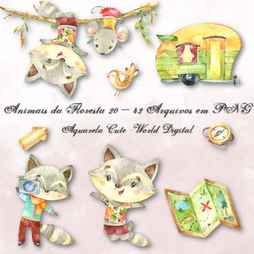 Kit Arquivo Digital em PNG Aquarela Cute Animais Floresta 20