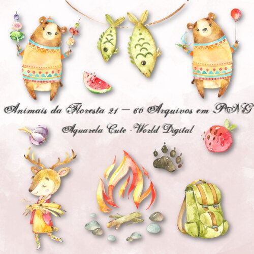 Kit Arquivo Digital em PNG Aquarela Cute Animais Floresta 21
