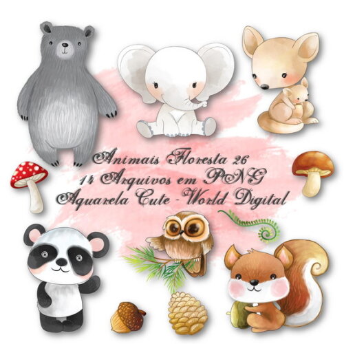 Kit Arquivo Digital em PNG Aquarela Cute Animais Floresta 28