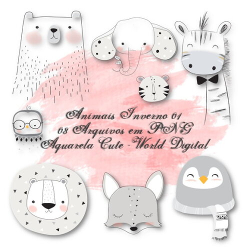 Kit Arquivo Digital em PNG Aquarela Cute Animais Inverno 01