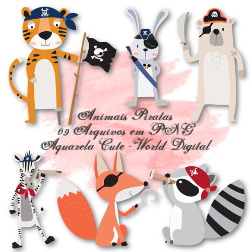 Kit Arquivo Digital em PNG Aquarela Cute Animais Pirata
