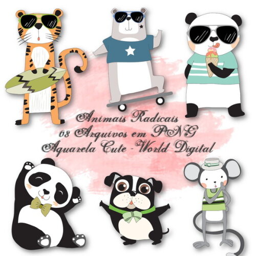 Kit Arquivo Digital em PNG Aquarela Cute Animais Radicais