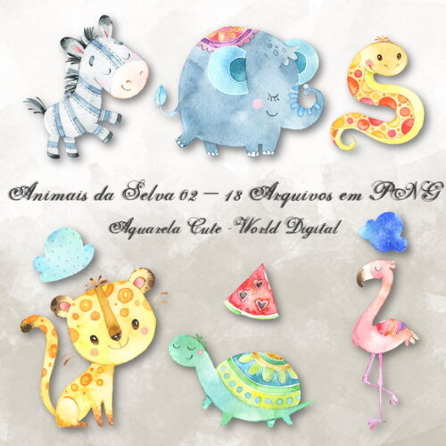 Kit Arquivo Digital em PNG Aquarela Cute Animais Selva 02