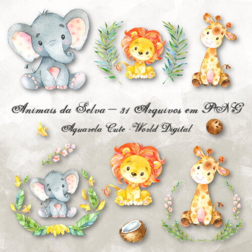 Kit Arquivo Digital em PNG Aquarela Cute Animais Selva