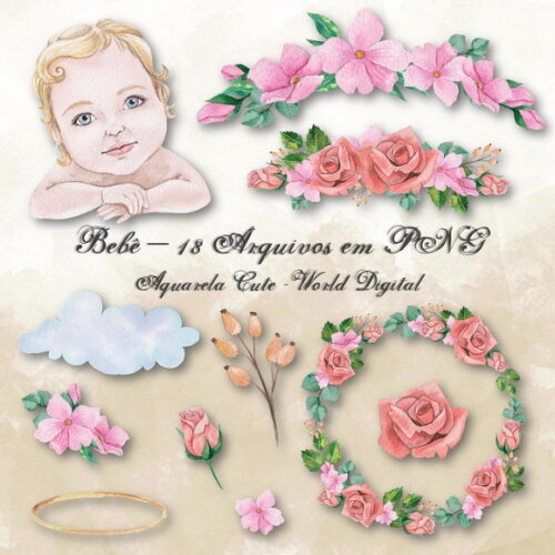 Kit Arquivo Digital em PNG Aquarela Cute Bebê