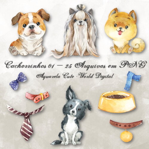 Kit Arquivo Digital em PNG Aquarela Cute Cachorrinhos 01
