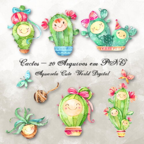 Kit Arquivo Digital em PNG Aquarela Cute Cactos