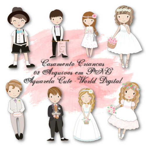 Kit Arquivo Digital em PNG Aquarela Cute Casamento Crianças