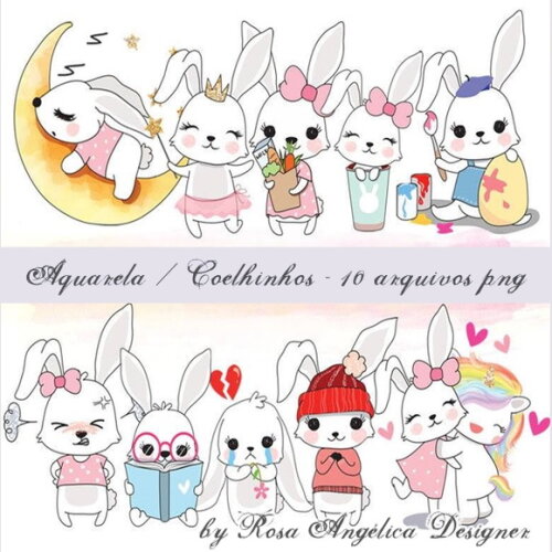 Kit Arquivo Digital em PNG Aquarela Cute Coelhinhos