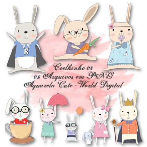 Kit Arquivo Digital em PNG Aquarela Cute Coelhinhos 04