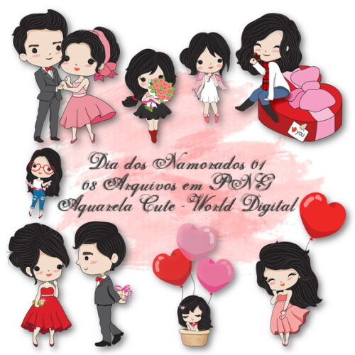 Kit Arquivo Digital em PNG Aquarela Cute Dia dos Namorados 1