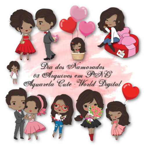 Kit Arquivo Digital em PNG Aquarela Cute Dia dos Namorados