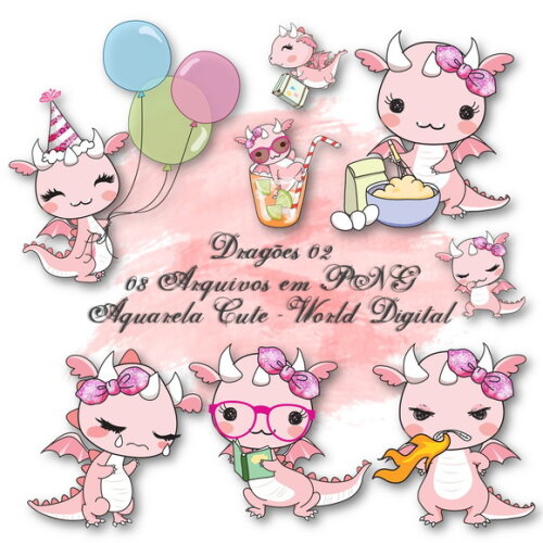 Kit Arquivo Digital em PNG Aquarela Cute Dragão 02