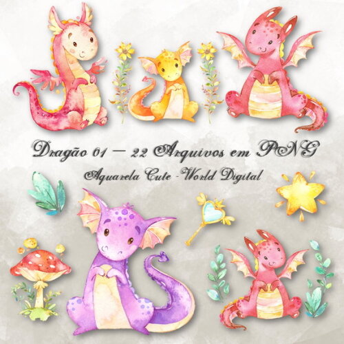 Kit Arquivo Digital em PNG Aquarela Cute Dragão 01