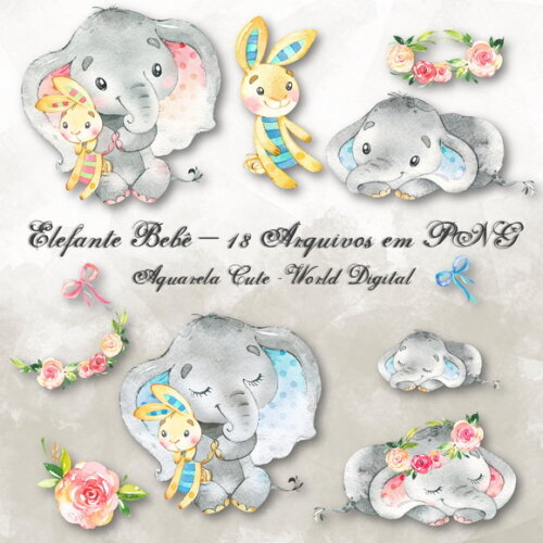 Kit Arquivo Digital em PNG Aquarela Cute Elefante Bebê