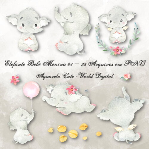 Kit Arquivo Digital em PNG Aquarela Cute Elefante Menina 01