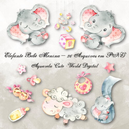 Kit Arquivo Digital em PNG Aquarela Cute Elefante Menina