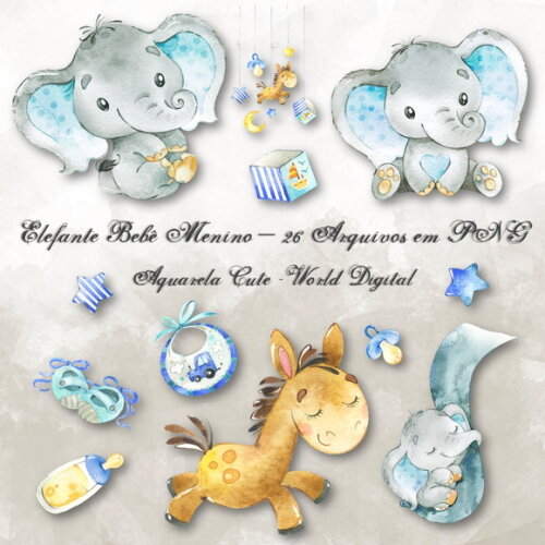 Kit Arquivo Digital em PNG Aquarela Cute Elefante Menino