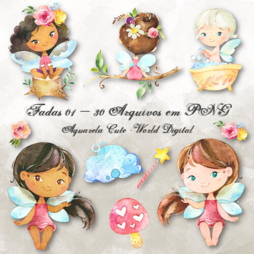Kit Arquivo Digital em PNG Aquarela Cute Fadas 01