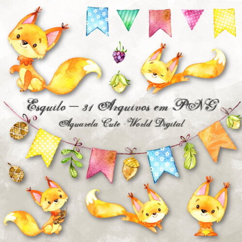 Kit Arquivo Digital em PNG Aquarela Cute Esquilo