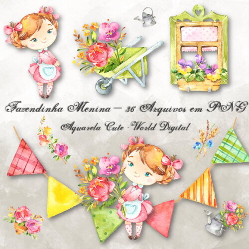 Kit Arquivo Digital em PNG Aquarela Cute Fazendinha Menina