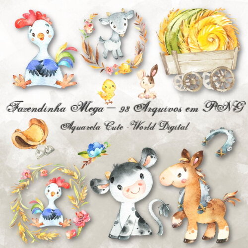Kit Arquivo Digital em PNG Aquarela Cute Fazendinha Mega