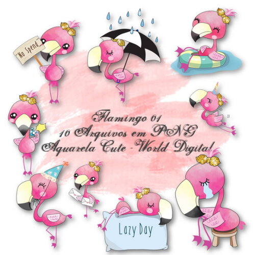 Kit Arquivo Digital em PNG Aquarela Cute Flamingo 01