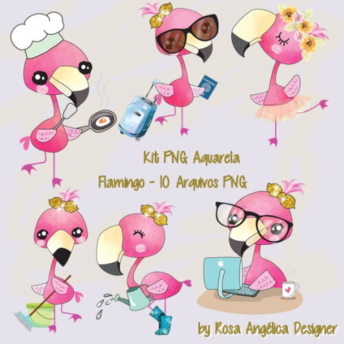 Kit Arquivo Digital em PNG Aquarela Cute Flamingo