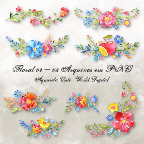 Kit Arquivo Digital em PNG Aquarela Cute Floral 04