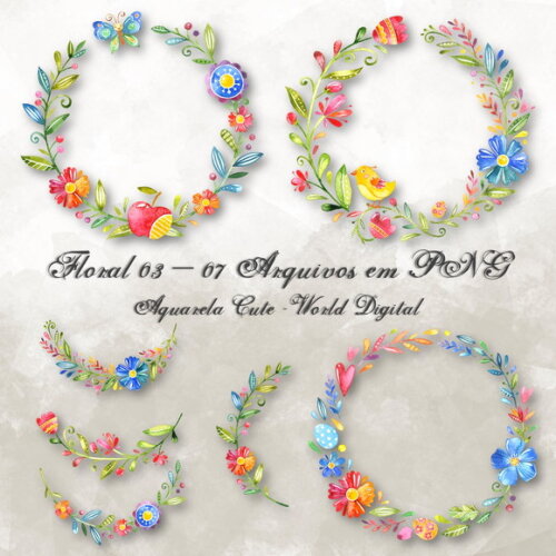 Kit Arquivo Digital em PNG Aquarela Cute Floral 03