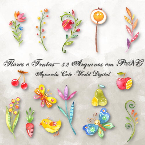 Kit Arquivo Digital em PNG Aquarela Cute Flores e Frutas