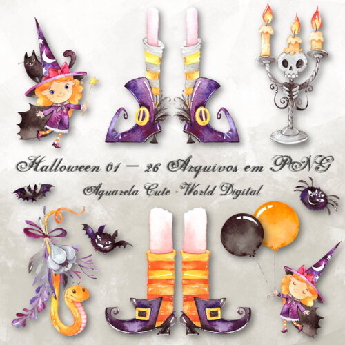 Kit Arquivo Digital em PNG Aquarela Cute Halloween 01