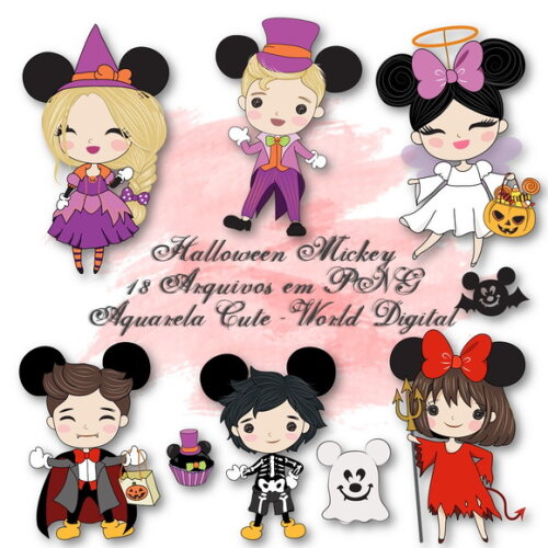 Kit Arquivo Digital em PNG Aquarela Cute Halloween Mickey