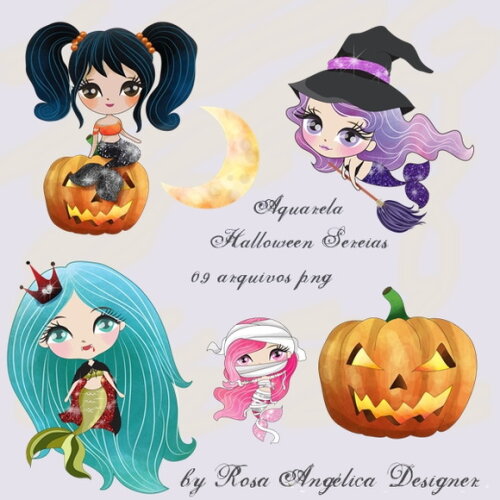 Kit Arquivo Digital em PNG Aquarela Cute Halloween Sereias