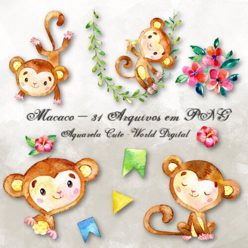 Kit Arquivo Digital em PNG Aquarela Cute Macaco