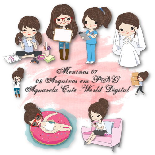 Kit Arquivo Digital em PNG Aquarela Cute Meninas 07