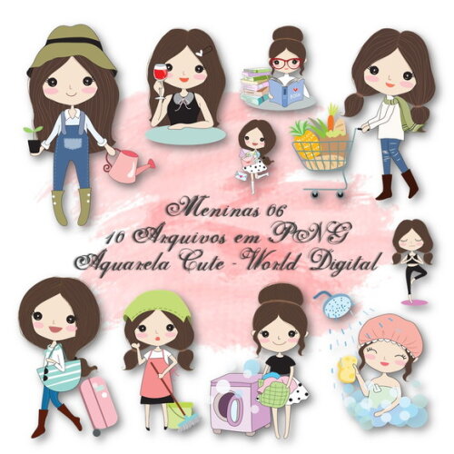 Kit Arquivo Digital em PNG Aquarela Cute Meninas 06