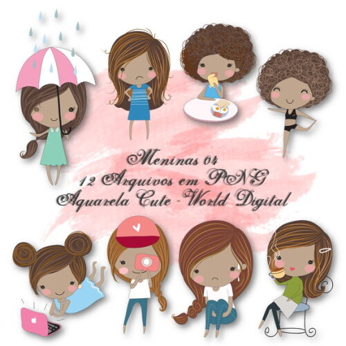 Kit Arquivo Digital em PNG Aquarela Cute Meninas 04