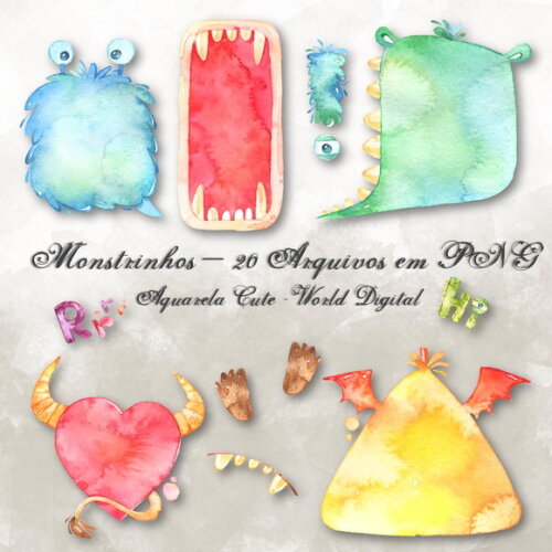 Kit Arquivo Digital em PNG Aquarela Cute Monstrinhos