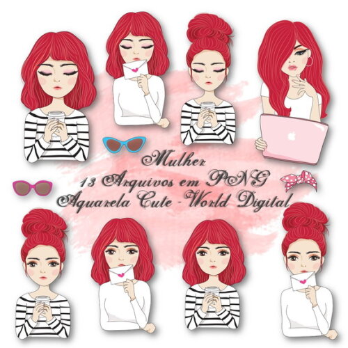 Kit Arquivo Digital em PNG Aquarela Cute Mulher