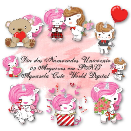 Kit Arquivo Digital em PNG Aquarela Cute Namorados Unicórnio