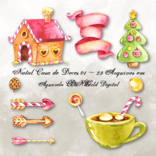 Kit Arquivo Digital em PNG Aquarela Cute Natal Casa Doces 01