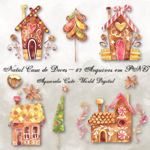 Kit Arquivo Digital em PNG Aquarela Cute Natal Casa Doces