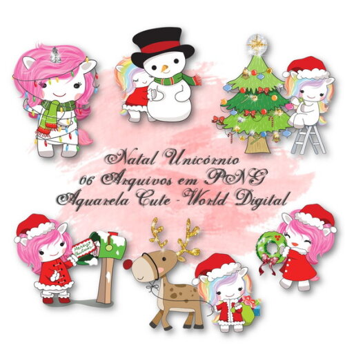 Kit Arquivo Digital em PNG Aquarela Cute Natal Unicórnio