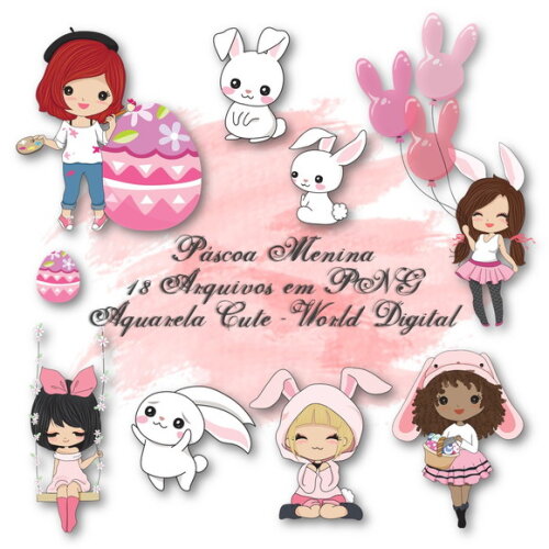 Kit Arquivo Digital em PNG Aquarela Cute Páscoa Meninas