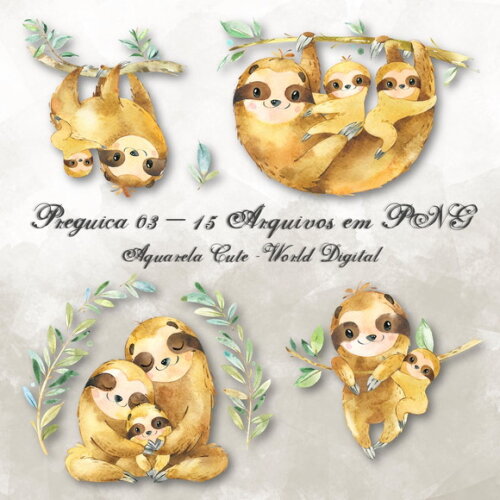 Kit Arquivo Digital em PNG Aquarela Cute Preguiça 03