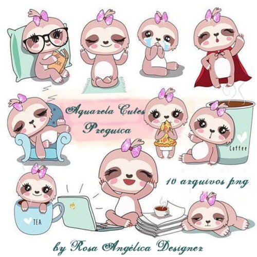 Kit Arquivo Digital em PNG Aquarela Cute Preguiça