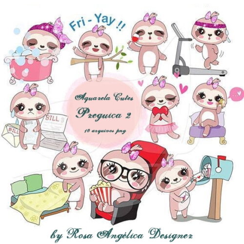 Kit Arquivo Digital em PNG Aquarela Cute Preguiça 2